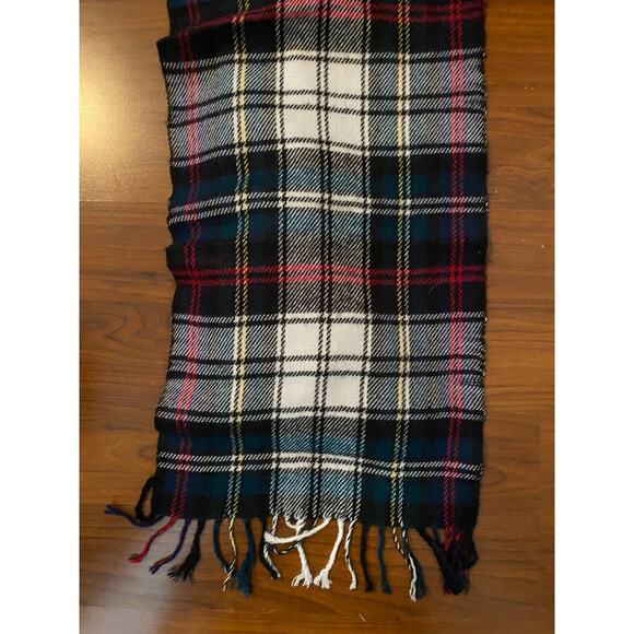 Plaid Rectangle Scarf with Fringe Blue Red White Yellow Approximately 12" x 54" - Picture 5 of 7